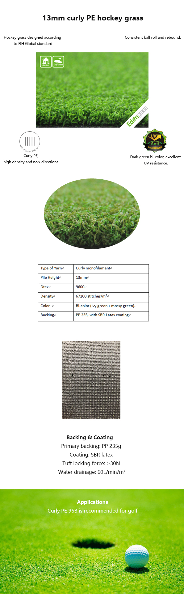 Desgaste artificial de la altura de la hierba el 13m del golf sintético del césped del putting green - resistente 0